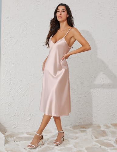 Image of Litherday Silk Nightgown for Women Long Satin Slip Dress Nightdress Silky Chemise Nightie Soft V Neck Nightwear