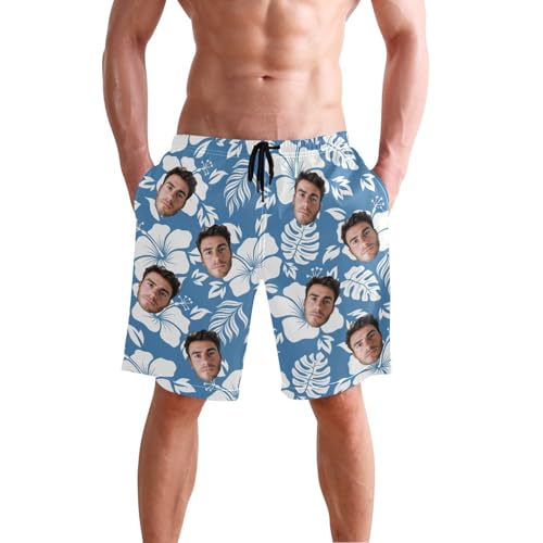 Customized Father's Day Photo Blue Leaf Men's Board Shorts for Travel Surfing2