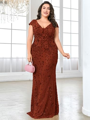 Image of Plus Size Womens Sequined Long Evening Gown Glamous Sleeveless V-Neck Mermaid Prom Dress for Wedding Party