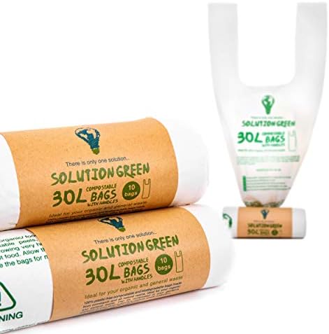Solution Green 30L - 30pcs Biodegradable Bin Bags with Tie Handles | Compostable Bin Liners EN13432 Certified | Tie Top Eco-Friendly 30 Litre Bags | Food Caddy Liners Kitchen