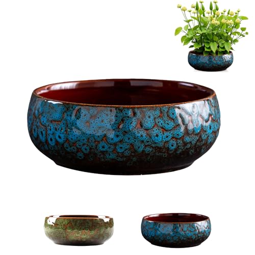 Lotus Bowl Planter, Round Ceramic Lotus Flower Bowl for Water Plants, Small Bonsai Bowl for Hydroponic Plant Succulent Plants Indoors Outdoor (Blue)