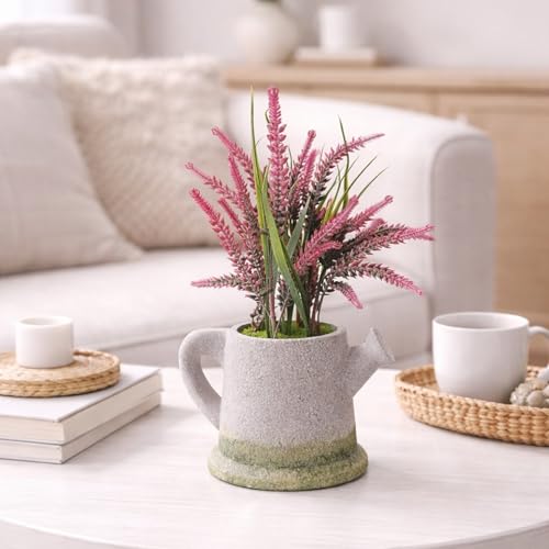 Image of Garden Art Artificial Heather Flower Spray in Shaded Watering Can Planter - Rustic Faux Floral Tabletop Centerpiece for Home, Office, Shelf & Desk Decor (P-0130Pink)