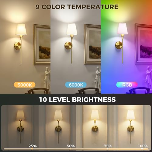 Image of DORESshop Upgraded 4 Rechargeable Bulbs Battery Operated Wall Sconce Set of 2, 15 Color Wireless Wall Sconces Set of 2, Sconce Wall Decor Set of 2 for Bedroom, Living Room, Brushed Gold 24.6in
