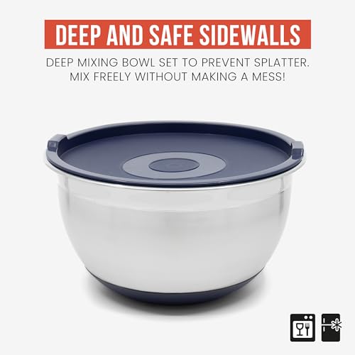 Chef Pomodoro Stainless Steel Mixing Bowl Set, Metal Mixing Bowls with Lids Set, Non-Slip Silicone Base, Nesting Bowls - 3 Piece (1.5 Qt, 3 Qt, 5 Qt), Mixing Bowls for Kitchen, Salad, Baking (Navy)