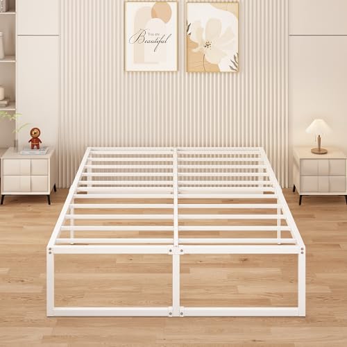 Yicensen Cama de Metal de 160 x 190 cm con somier de láminas de Metal, 41 cm de Altura, Marco de Cama Doble, Montaje Estable, fácil Montaje, Color Blanco