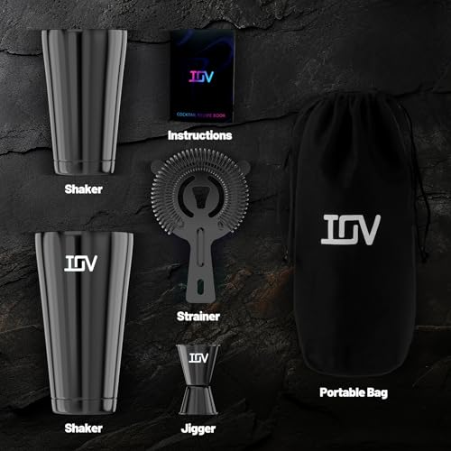 IOV Boston Cocktail Shaker Bar Set, Bartender Kit Drink Mixer Set with 18 oz & 28 oz Boston Shakers, Hawthorne Strainer, Double Jigger, Bar Tool Kit and Recipe Booklet - Black