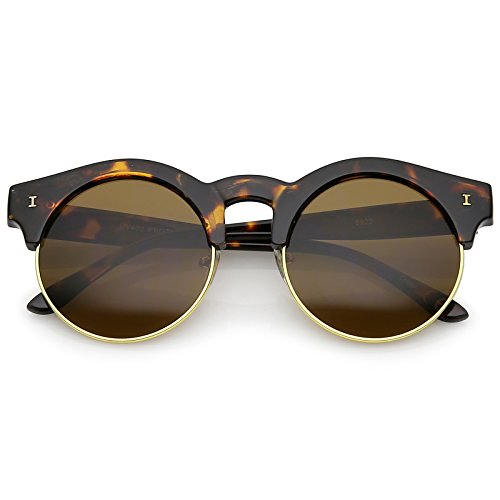 zeroUV - Modern Horn Rimmed Metal Trim Round Flat Lens Half Frame Sunglasses 51mm