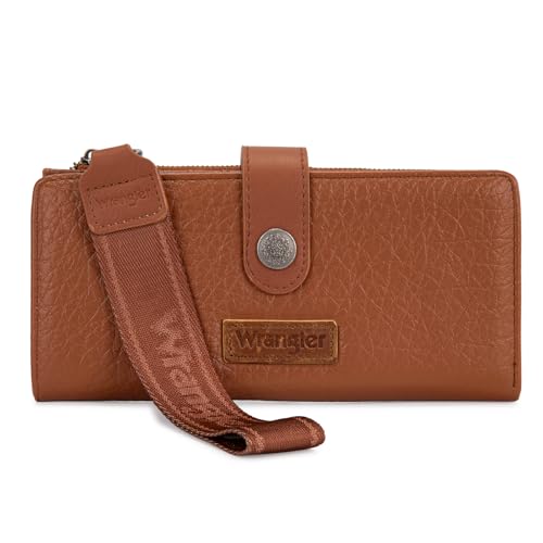 Image of Montana West X Wrangler Brown Wristlet Wallet Minimalist Clutch Womens Wallet Rfid Card Cases & Money Organizers with Coin Purse and Smooth Zipper