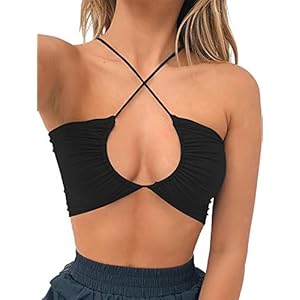 TOB-Womens-Sexy-Criss-Cross-Lace-Up-Sling-Basic-Bow-Tie-Crop-Top TOB Women's Sexy Criss Cross Lace Up Sling Basic Bow Tie Crop Top Black