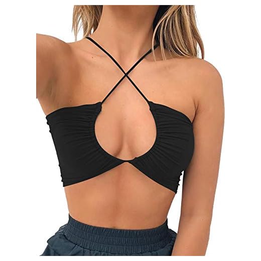 TOB Women's Sexy Criss Cross Lace Up Sling Basic Bow Tie Crop Top Black