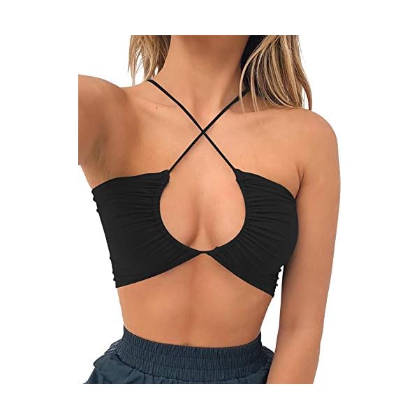 TOB-Womens-Sexy-Criss-Cross-Lace-Up-Sling-Basic-Bow-Tie-Crop-Top TOB Women's Sexy Criss Cross Lace Up Sling Basic Bow Tie Crop Top Black