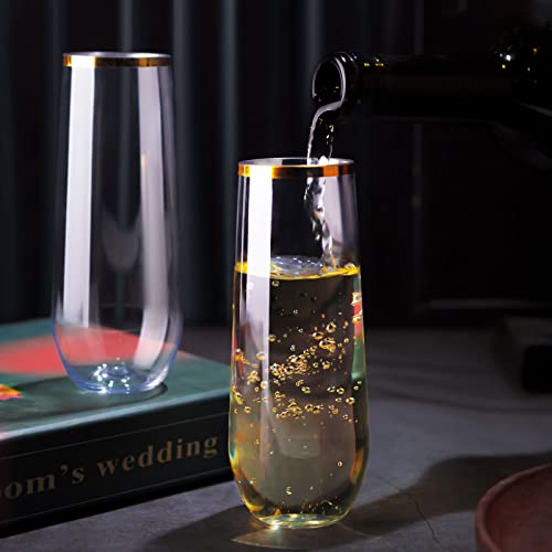 Copas de champán de plástico de 9 oz inastillables desechables con borde de oro para bodas 5