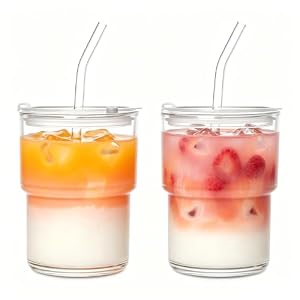 2 Stk Glasbecher mit Deckel und Strohhalm 450ml Smoothie Becher Trinkbecher