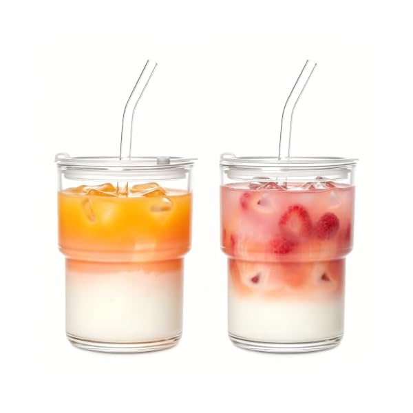 2 Stk Glasbecher mit Deckel und Strohhalm 450ml Smoothie Becher Trinkbecher
