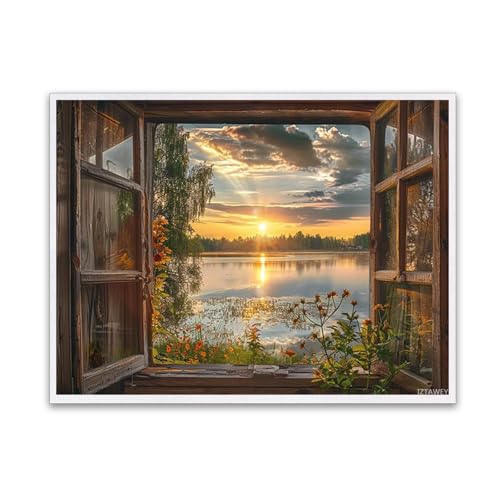 IZTAWEY Window View Canvas Lake View Mural Green Natural Landscape Wall Art Printing Window Room Wall Art Large Wall Arts Living Room Wall Decoration Home Decoration 12x16inch Poster Unframed