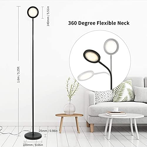Tomshin-e Touch Floor Lamp Reading Lamp,3 Color Temperatures & Stepless Dimmable Brightness,Modern LED Standing Tall Lamps Task Lighting for for Living Room Bedroom Office Dorm,15W