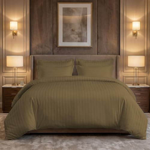 Image of LINENWALAS Cotton 300 Thread Count Single Size Bedsheet Set | 2 cm Sateen Stripe Design | Cloud-Soft, Breathable & Skin-Safe | Oeko-TEX Certified Hotel-Style Bedding (60 x 90, Mocha)