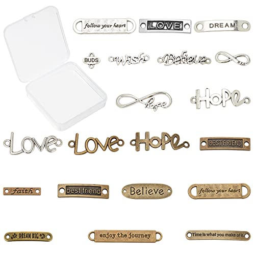 SUNNYCLUE 1 Box 20 Styles Connector Charms Tibetan Style Inspiration Words Infinity Love Heart Letter BFF Links Alloy Metal Pendants for Jewelry Making DIY Necklace Bracelet Crafting