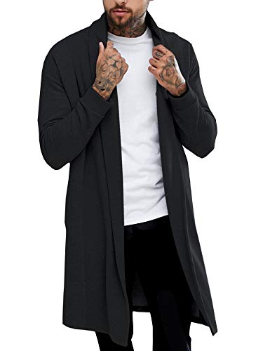 Pacinoble Men's Cardigan Ruffle Shawl Collar Cardigan Open Front Long Length Drape Cape Overcoat Black
