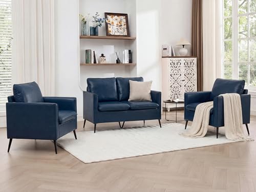 Image of TYBOATLE Faux Leather Loveseat Sofa and Accent Chair Set of 2, Comfy Love Seat Couch and Chair Set, Mid-Century Modern 2 Seat Couches for Small Spaces, 3 Pieces Living Room Furniture Sets (Blue, 3)