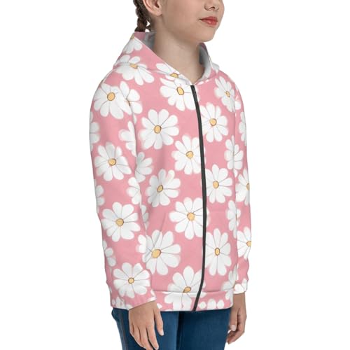 X-Large White Chrysanthemum Texture Chart Print Girls Athletic Zip Up Hoodies,Sweatshirts with Pockets Long Sleeve Hooded Jackets, for 7-18 Y3