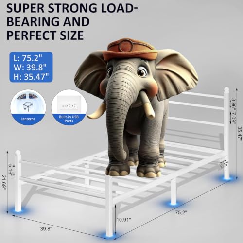 Image of J.Fkne Twin Bed Frame with LED Lights & Charging Station, Metal Platform Bed with Headboard, Heavy Duty Metal Slats, No Box Spring Needed, Noise Free, Easy Assembly, White