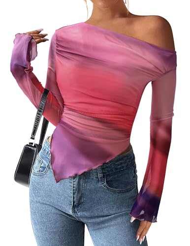 PRETTYGARDEN Womens Fall Trendy Off Shoulder Y2k Tops 2025 Tie Dye Mesh Long Sleeve Shirts Asymmetrical Ruched Floral Blouse (Multicolour Print,Large)