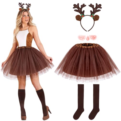 Hifot 5 Pcs Reindeer Costume Adult Tutu Skirt with Reindeer Headband Temporary Tattoos Socks Deer Cosplay Costume Halloween Christmas Fancy Dress Outfits for Women Girls Brown