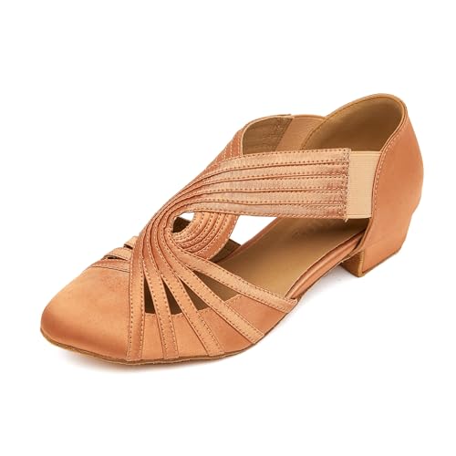 YYTing Women Swing Latin Salsa Ballroom Dance Shoes (Closed Toe, Suede Sole) YT12(8.5,Tan)