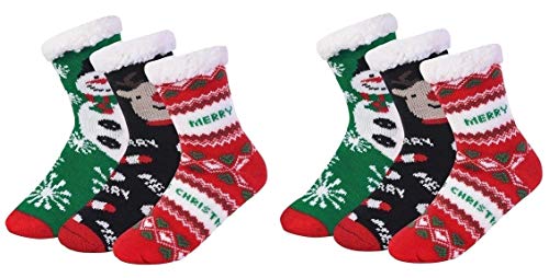 I&S 6 Pairs Crew Socks, Printed Fun Colorful Festive, Crew Knee Slipper Cozy Socks Women Holiday Design Soft (Christmas #9 Sherpa-lined Thermal)