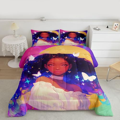 Image of Erosebridal Black Princess Bedding Sets American Afro-Girl Comforter Set Moon Galaxy Girl Butterfly Decorations Bedding Queen