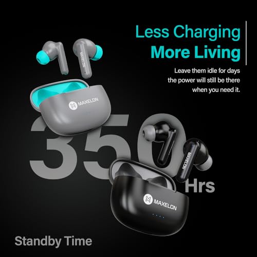 Image of Maxelon Maxpods Pro (Grey) Wireless Earbuds TWS Deep Bass, Enviromental Noise Cancellation 350 Hrs Standby Long Battery Life, IPX5 Sweat Resistance Quad Mic with Touch Control Type C chargning Port