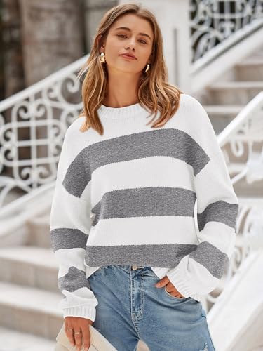 Image of PRETTYGARDEN Womens 2024 Oversized Lantern Long Sleeve Striped Sweaters Fall Casual Crewneck Loose Chunky Knit Pullover Tops