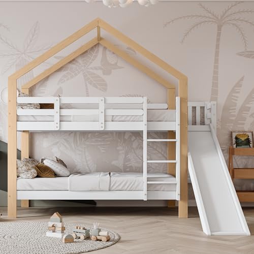 Moimhear Litera con tobogán y Escalera Angular de Tres Niveles, Cama con protección contra caídas, Cuna de 90 x 200 cm, Marco de Cama de Madera Maciza