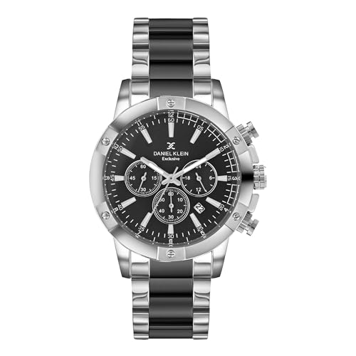 Image of Daniel Klein Analog Black Round Dial Silver Case Two Tone Silver Black Metal Strap Chronograph Water-Resistant Wrist Watch for Men Boys DK.1.14095-4