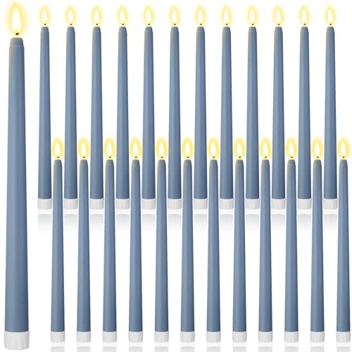 Image of Macarrie 24 Packs Flameless Taper Candles Battery Operated Fake 11 Inch Long Candlelight LED Flameless Candlesticks Flickering Tapered for Summer Fall Wedding(Haze Blue)
