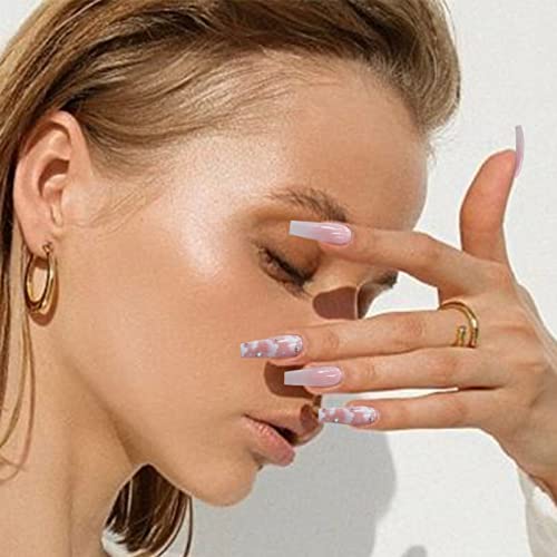 Yosomk 24Pcs Pink Press On Nails Long Coffin Fake Nails With Designs Glossy False Nails For Women Girls Stick On Nails With Glue On Acrylic Nail Tips（Pink Cloud Diamonds 3) #TOP4