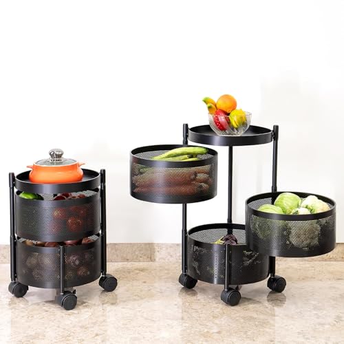 Image of MARKWELL Round Rotatable Kitchen Trolley with Wheels | Vegetable Fruit Onion Storage Rack | Multipurpose Metal Kitchen Organizer Stand | Matt Black (Round - 2 Layer)
