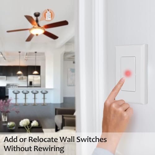 Image of Suraielec Wireless Light Switch and Receiver Kit, 15A High Power, No Wiring, No Interference, 100ft RF Range, Expandable Remote Control, Wall Switch for Lamp, 123444 (2, White, Small)