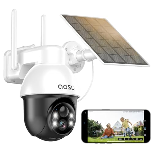 AOSU Solar Security Camera Wireless Outdoor with Panoramic PTZ, Human Auto Tracking, 2K Night...