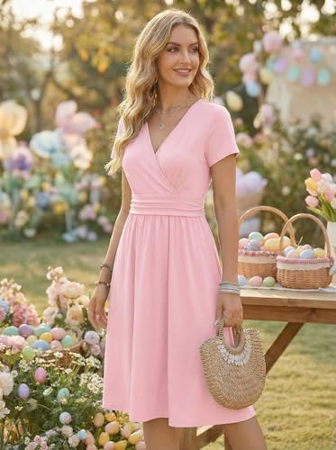 Image of OUGES Casual Summer Dress for Women Wrap V Neck A Line Midi Dresses with Pockets