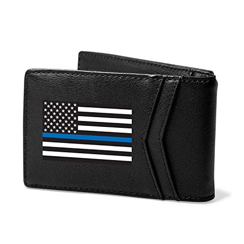 for The USA, American Flag Thin Blue Line (Police-Officers) Black PU Leather Slim RFID Resistant Bi-fold Men Wallet