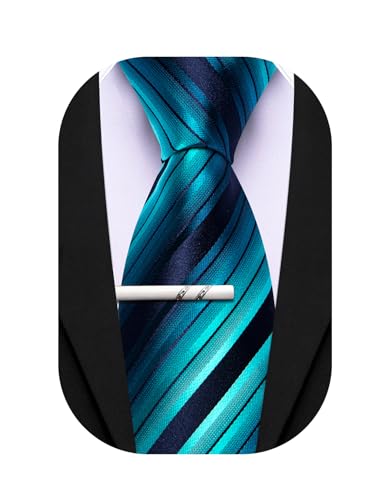 Image of Barry.Wang Silk Men Ties Formal Stripes Necktie and Tie Clip for Wedding Party Business Fashion Classic