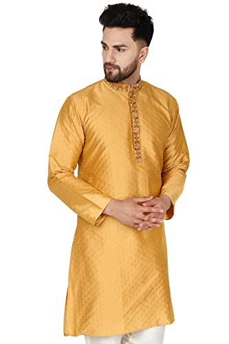 SKAVIJ Men's Art Silk Kurta Wedding Party Casual Long Shirt Dress (Small, Gold)3