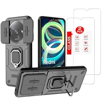 Anvzle Capa para Xiaomi Redmi A3 com protetor de tela de vidro temperado, capa militar com suporte magnético, preta, rígida