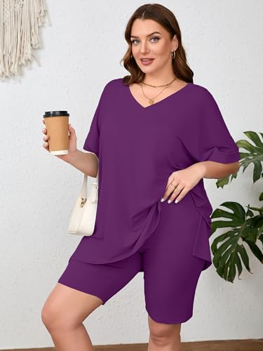 Image of AusLook Women's Plus Size 2 Piece Short Outfits Set Short Sleeve Tops and Shorts Pants Lounge Jogging outfits Matching Set