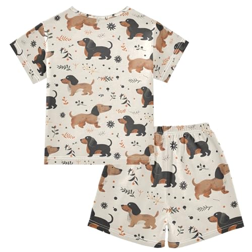 ALAZA Dachshund Dog Cartoon Leaf Pajamas Set Short Sleeve Cotton Sleepwear Summer Pjs 2 Piece 5-14Y2