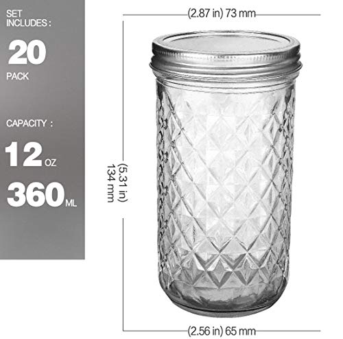 Verones Mason Jars 12 Oz, Canning Jars Jelly Jars With Regular Lids, Ideal For Jam, Honey, Wedding Favors, Shower Favors, 20 Pack #TOP1