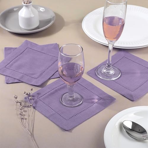 Image of Fingercraft Cotton Cocktail Napkins 6x6 Inches - Set of 12 Reusable Cloth Beverage Coasters with Elegant Ladder Hemstitch - Perfect for Parties, Bars & Home Use (Lavender Slub)