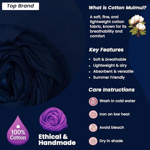Image of 100% Pure Cotton Mulmul Fabric Material | Reusable Ultra Fine Mulmul Fabric | Lightweight Soft Smooth Piece Linning, Stole, Dupatta, Cushion Pillow Cover (Medieval Blue, 2.5 Meters)